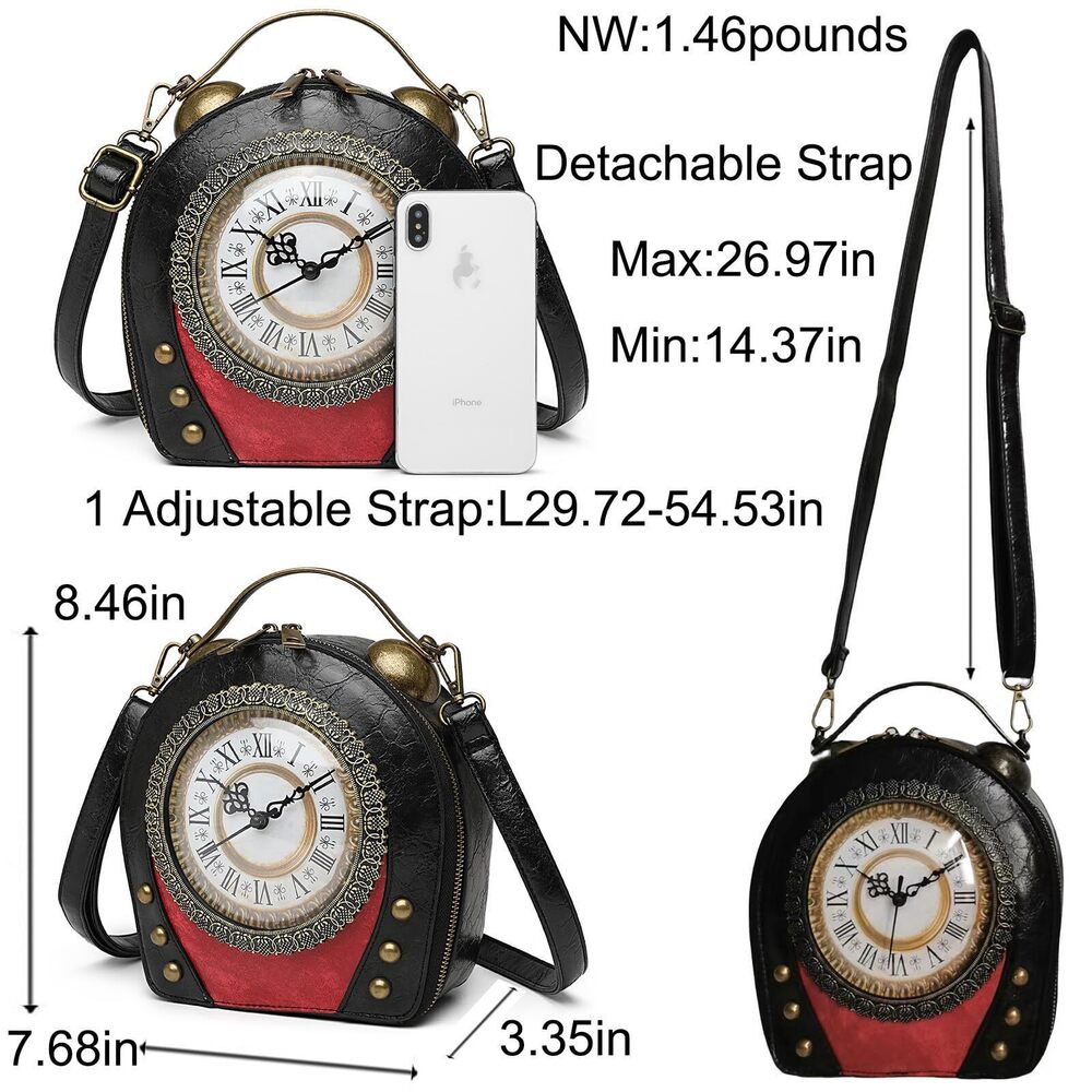 6626 PVC Clock Shaped Handbag Crossbody Shoulder Bag Clock Purse, 1 Black - Picture 4 of 7